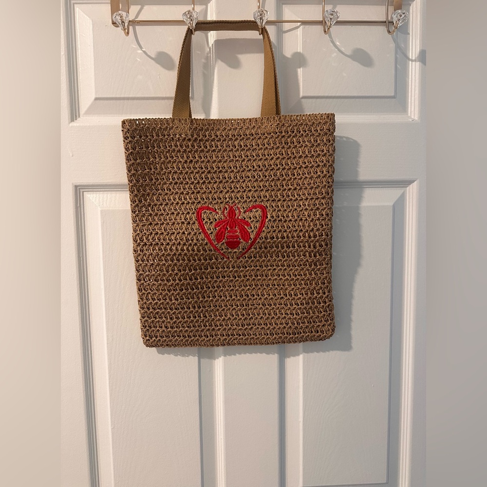 Guerlain Woven Straw Tote Bag |  Red Bee Logo
